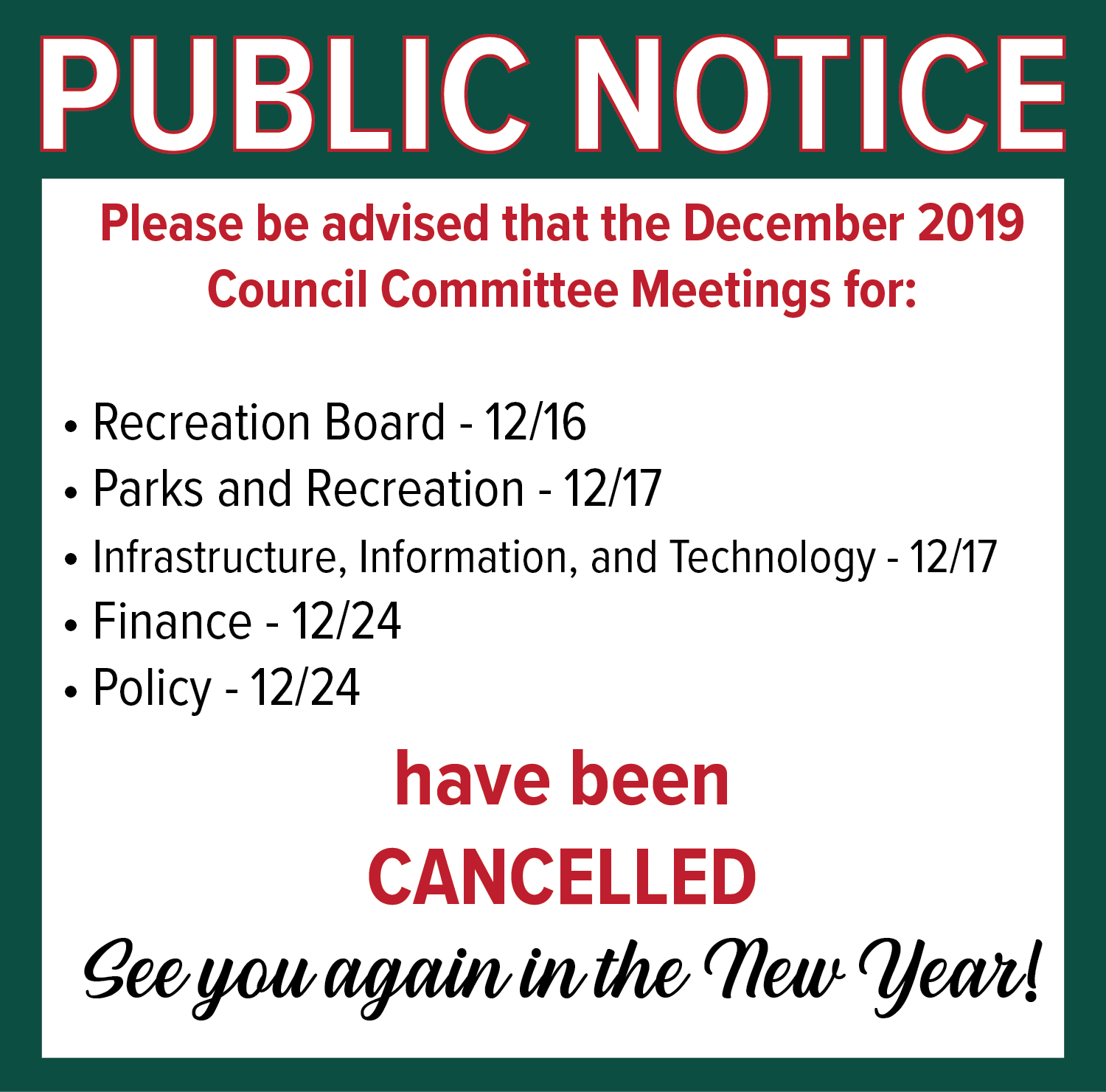 December 2019 Meeting Cancel