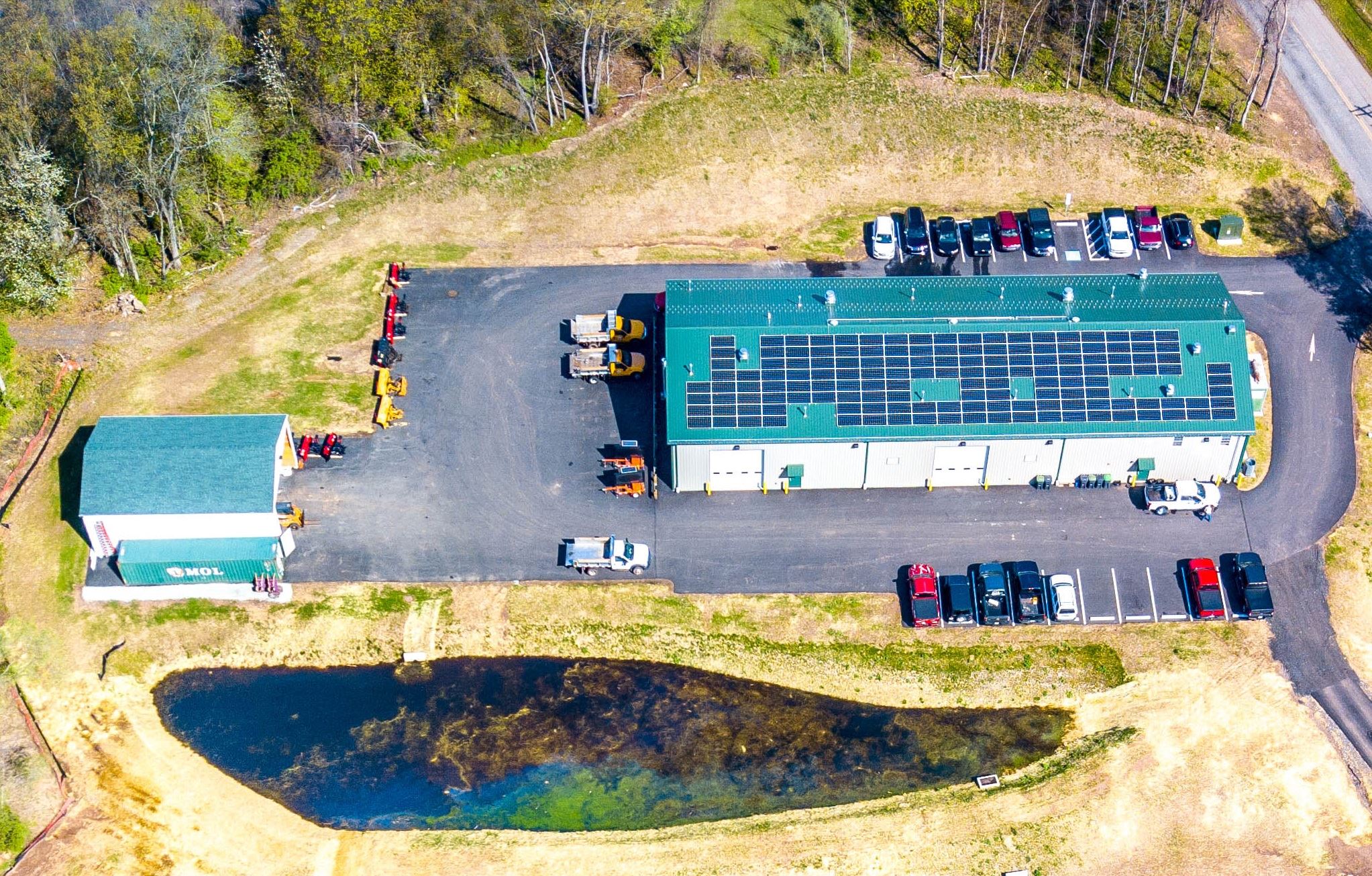 Aerial view of solar panels on Public Works building