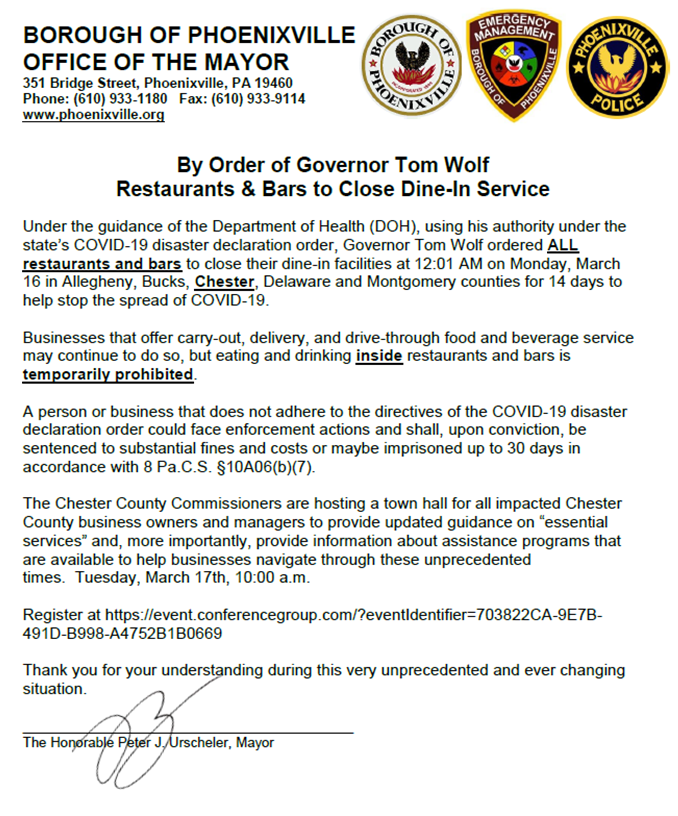 COVID-19 Dine In Closure 2020 03 16